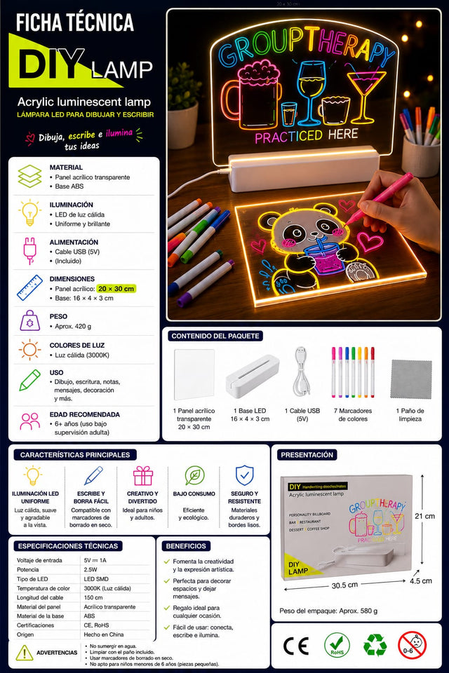 ✨ Pizarra Magica LED Acrílica para Dibujar y Escribir – 20 x 30 cm ✨